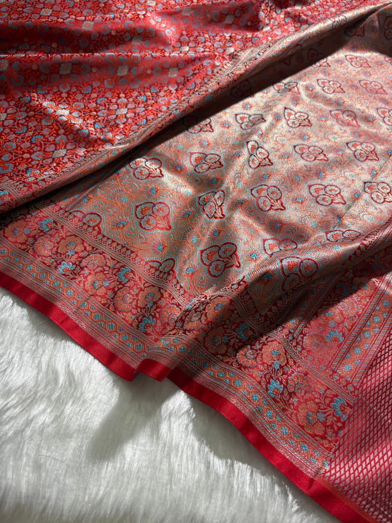 Crimson Red Jamawar Tanchoi Katan Silk Saree SKTM-14