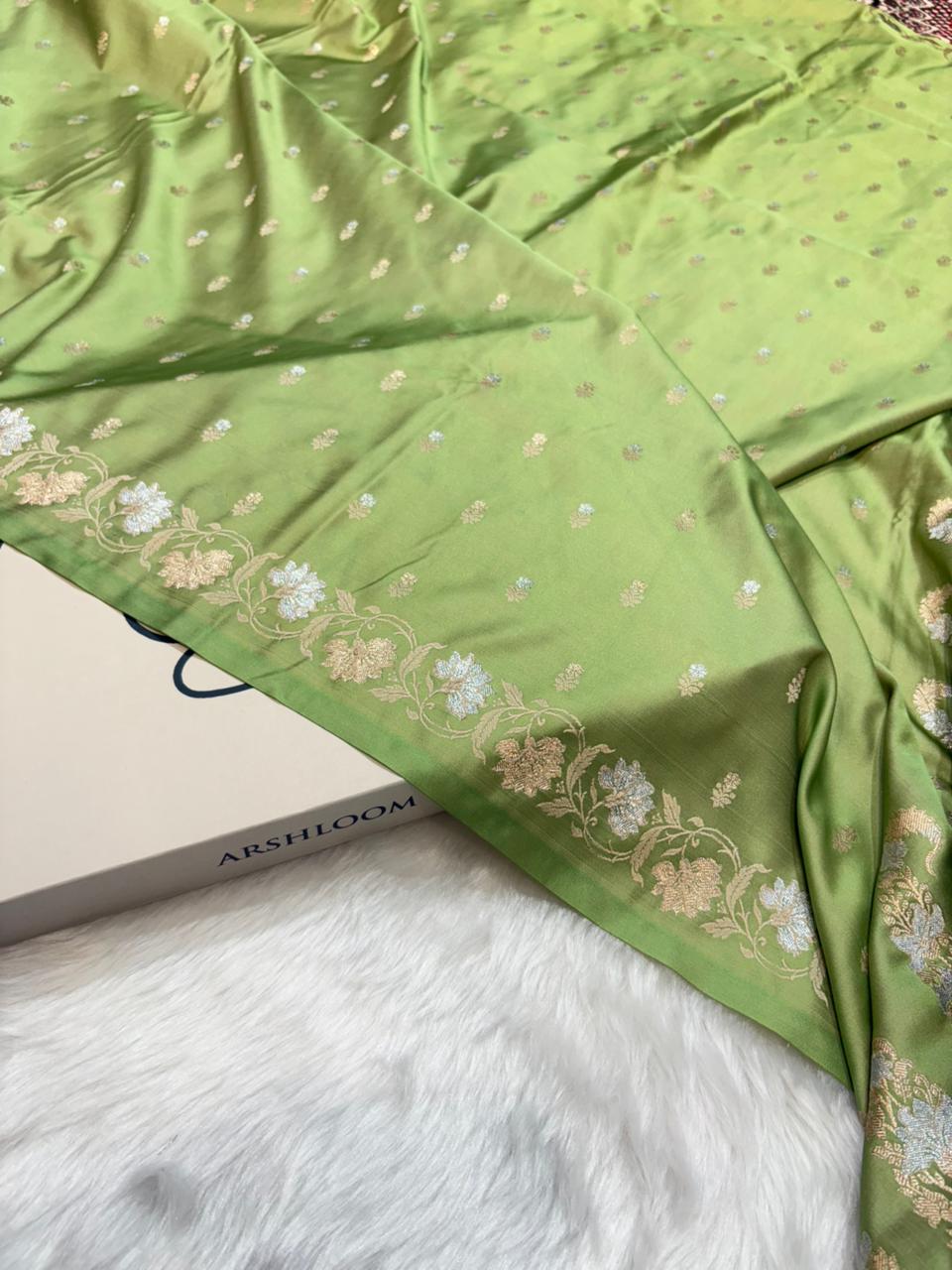 Banarasi Pista Green Satin Mashru Silk Saree