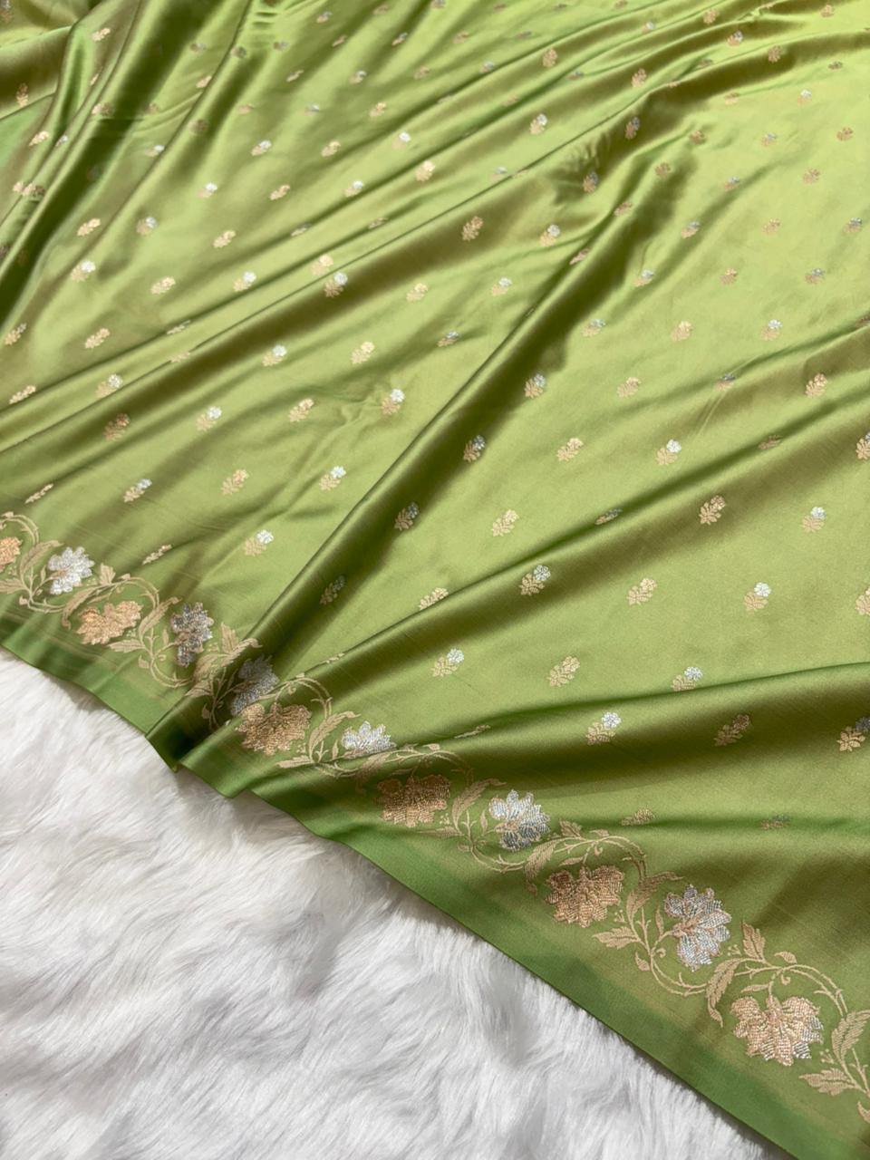 Banarasi Pista Green Satin Mashru Silk Saree