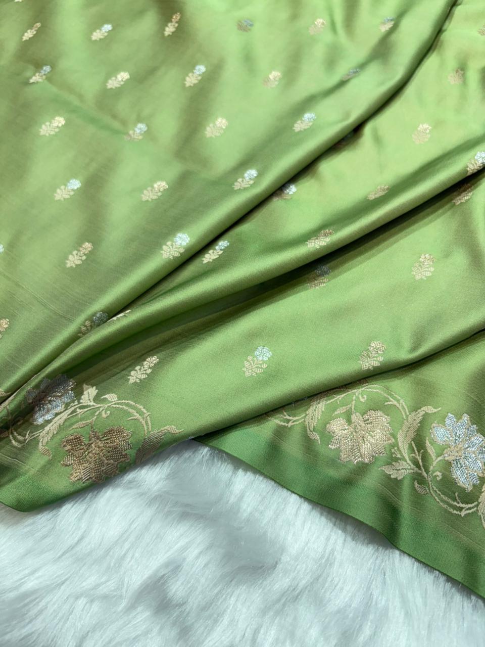 Banarasi Pista Green Satin Mashru Silk Saree
