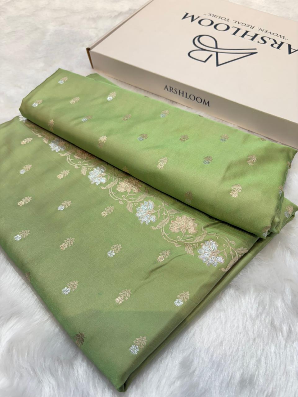 Banarasi Pista Green Satin Mashru Silk Saree
