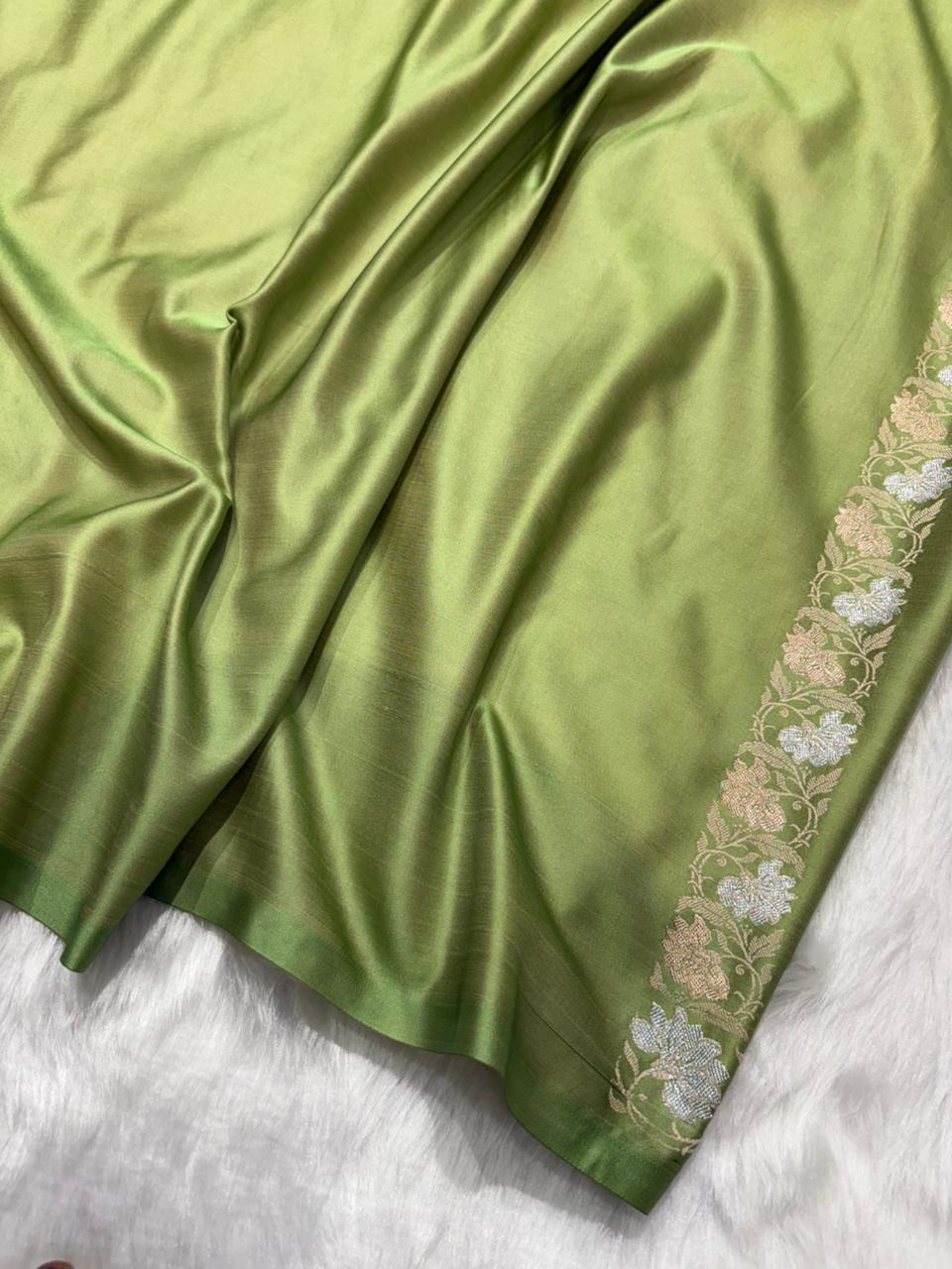 Banarasi Pista Green Satin Mashru Silk Saree