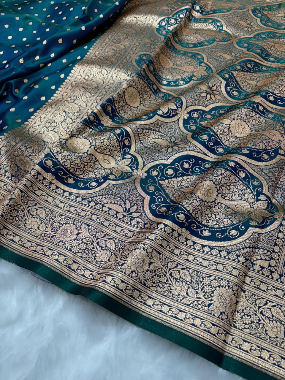 Ultra Light Weight Satin Silk Booti in Peacock Shades