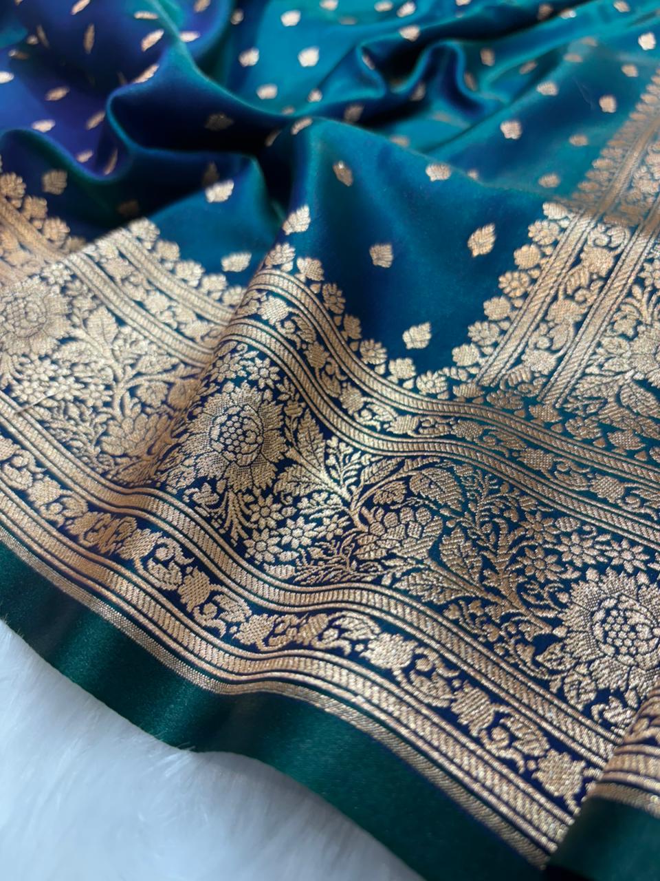 Ultra Light Weight Satin Silk Booti in Peacock Shades