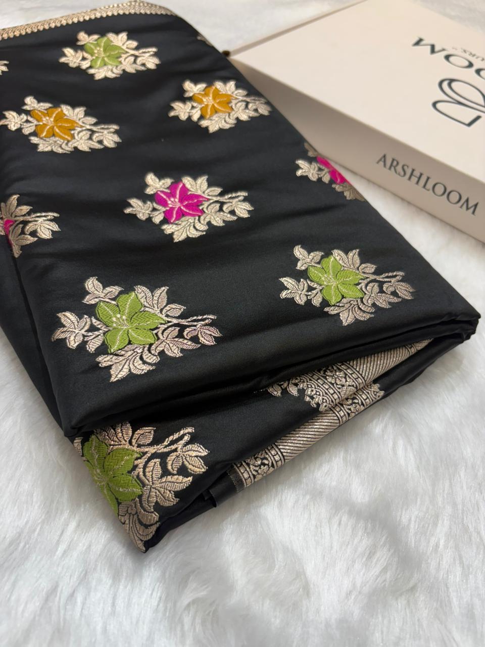 Banarasi Floral Minakari Satin Katan Silk Saree