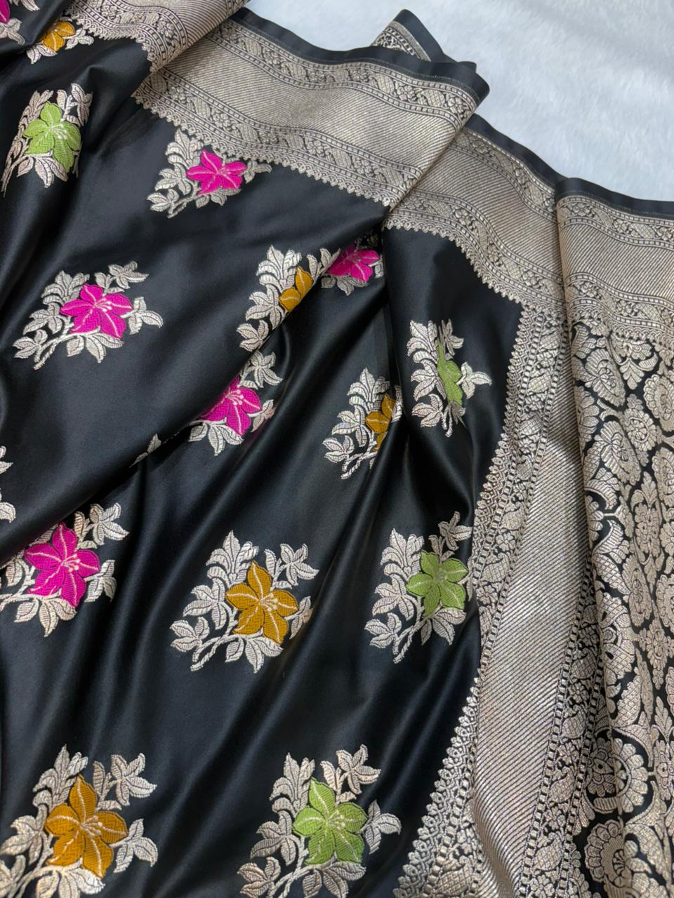 Banarasi Floral Minakari Satin Katan Silk Saree