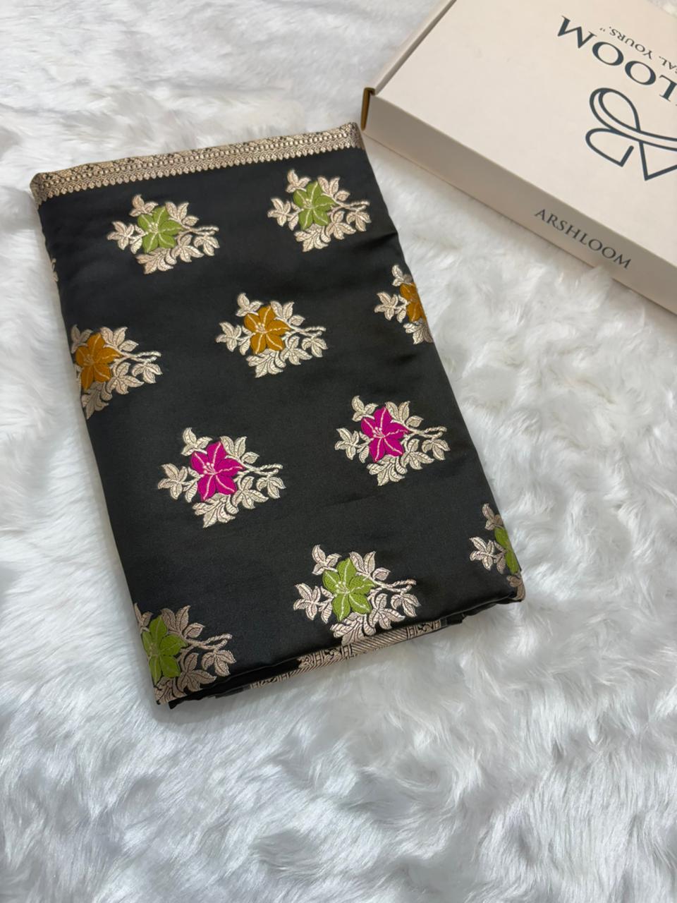 Banarasi Floral Minakari Satin Katan Silk Saree