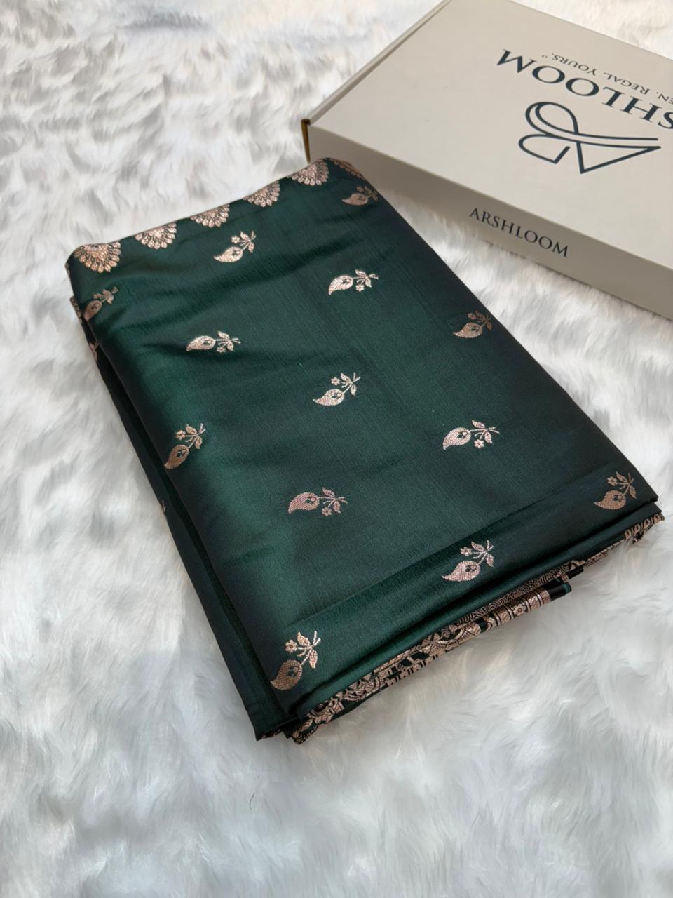 Banarasi Satin Katan Silk Booti in Bottle Green Shades