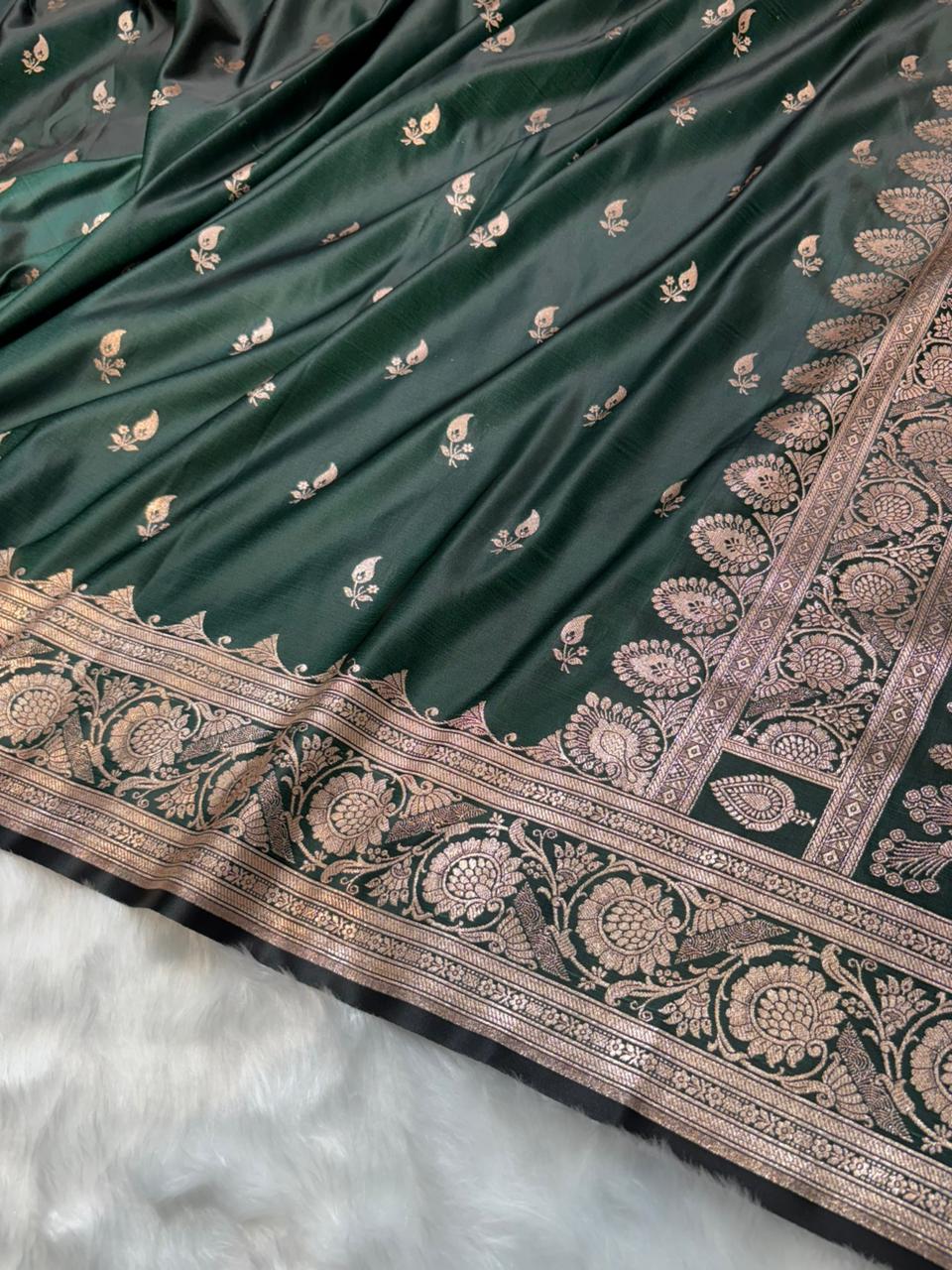 Banarasi Satin Katan Silk Booti in Bottle Green Shades
