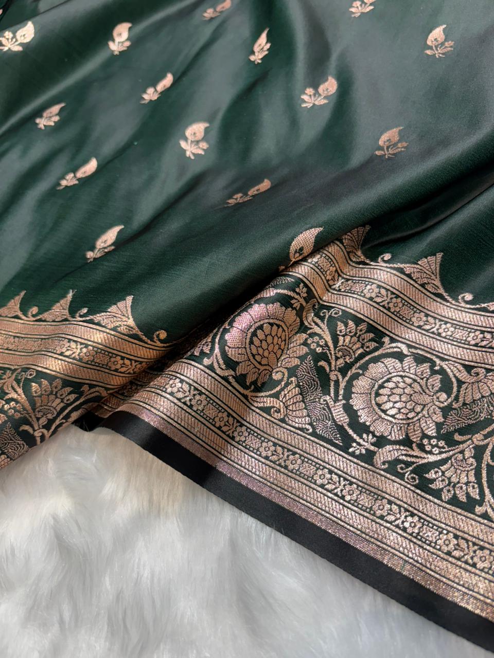 Banarasi Satin Katan Silk Booti in Bottle Green Shades
