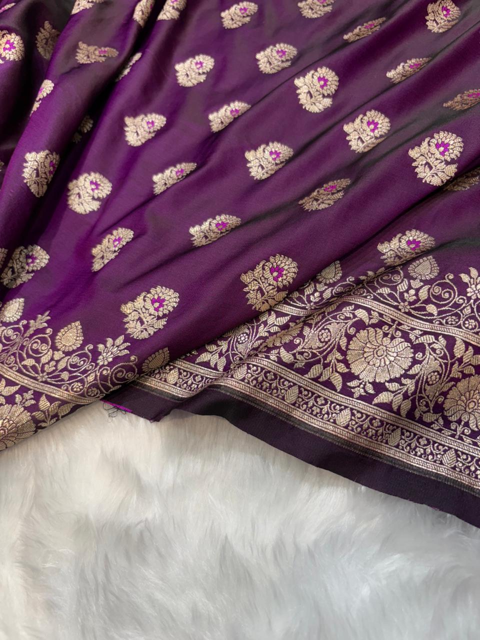 Minakari Wine Banarasi Boota Pattern Mashru Silk Saree