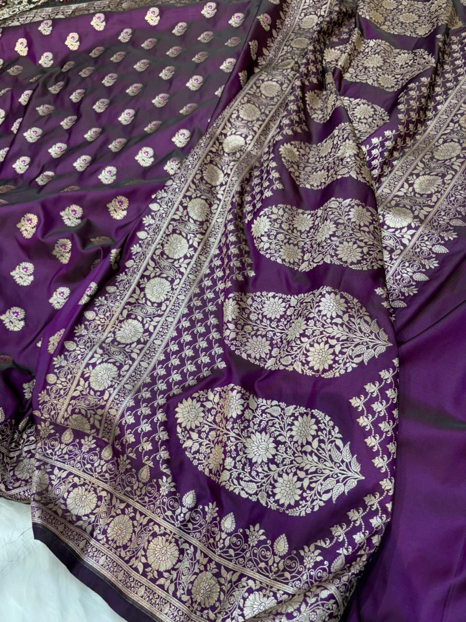 Minakari Wine Banarasi Boota Pattern Mashru Silk Saree
