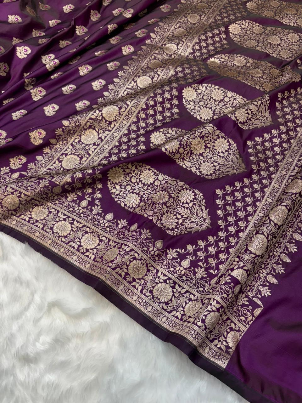 Minakari Wine Banarasi Boota Pattern Mashru Silk Saree