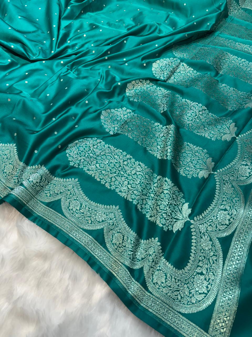 Banarasi Scallop Mashru Silk Dot Booti in Emerald Teal Shades
