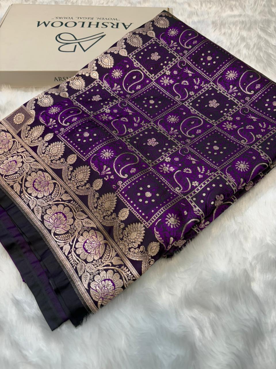 Banarasi Checkered Jaal with Floral Motifs Mashru Silk in Wine Purple Shades