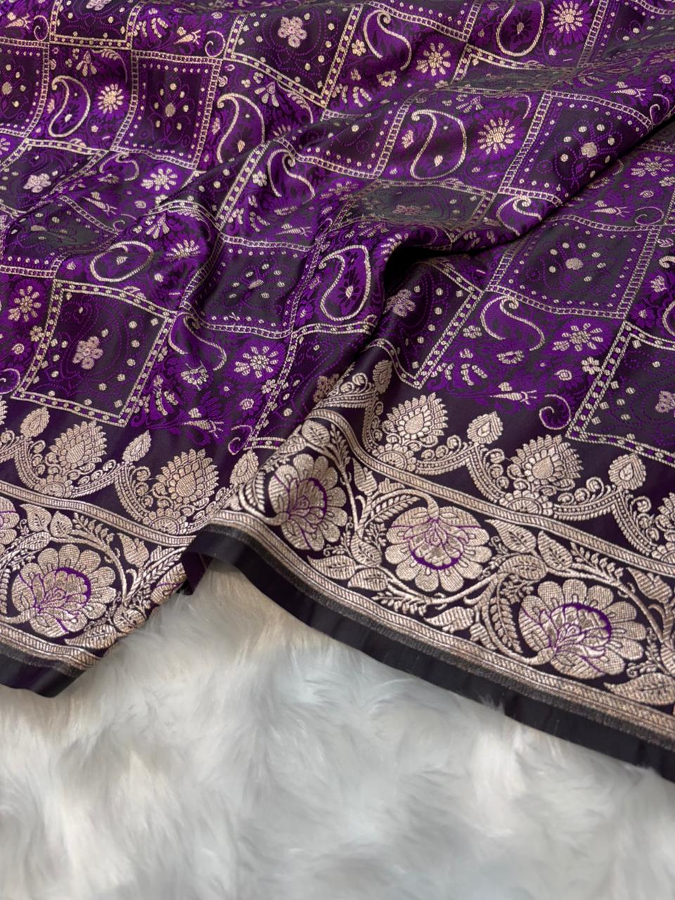 Banarasi Checkered Jaal with Floral Motifs Mashru Silk in Wine Purple Shades