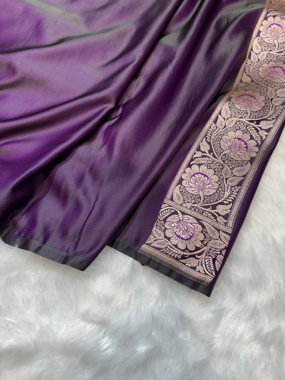 Banarasi Checkered Jaal with Floral Motifs Mashru Silk in Wine Purple Shades