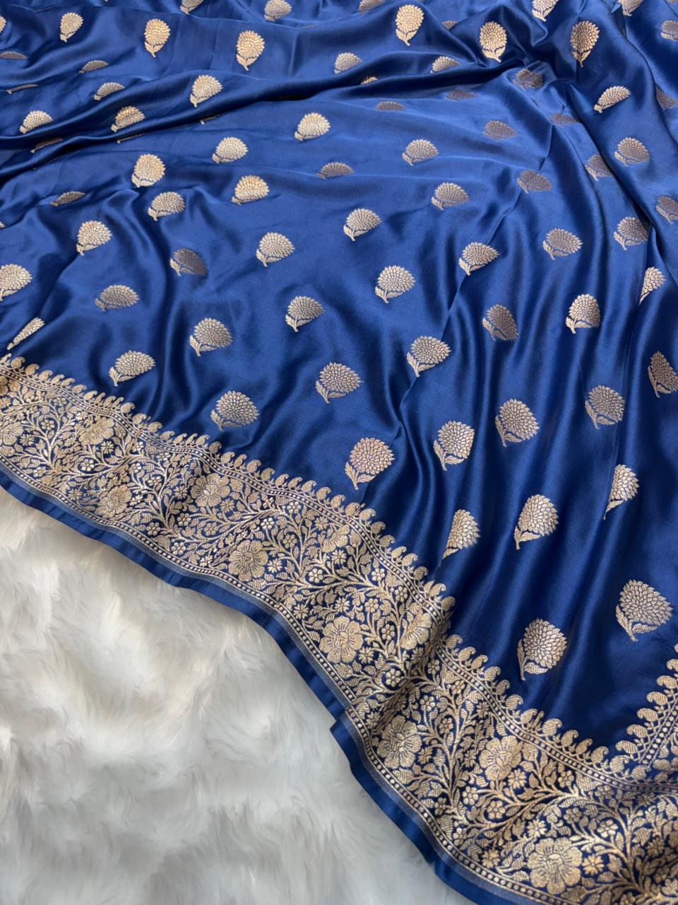 Sapphire Blue Shades Banarasi Floral Boota Mashru Silk Saree