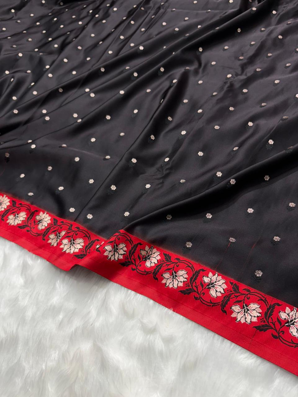 Contrast Black With Red Floral Boota With Floral Border Mashru Silk Saree
