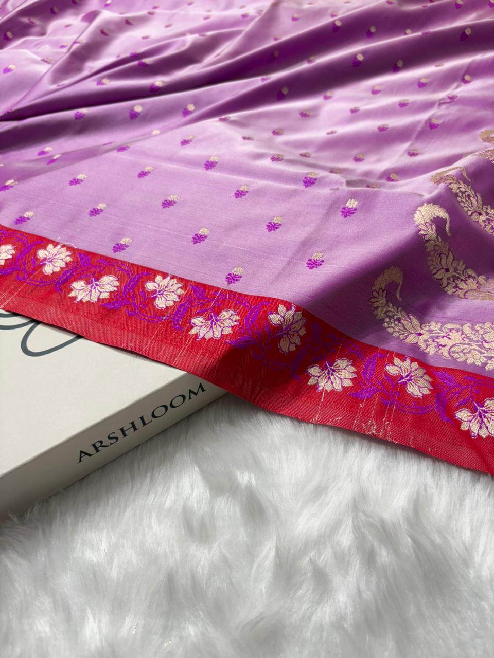 Contrast Lavender With Red Floral Boota With Floral Border Mashru Silk Saree