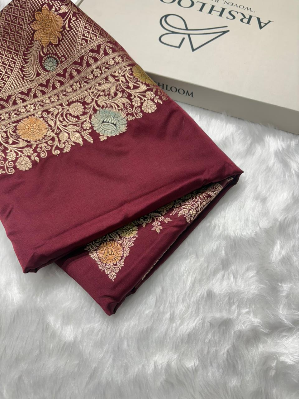 Maroon Minakari Shades Plain Mashru Silk Saree