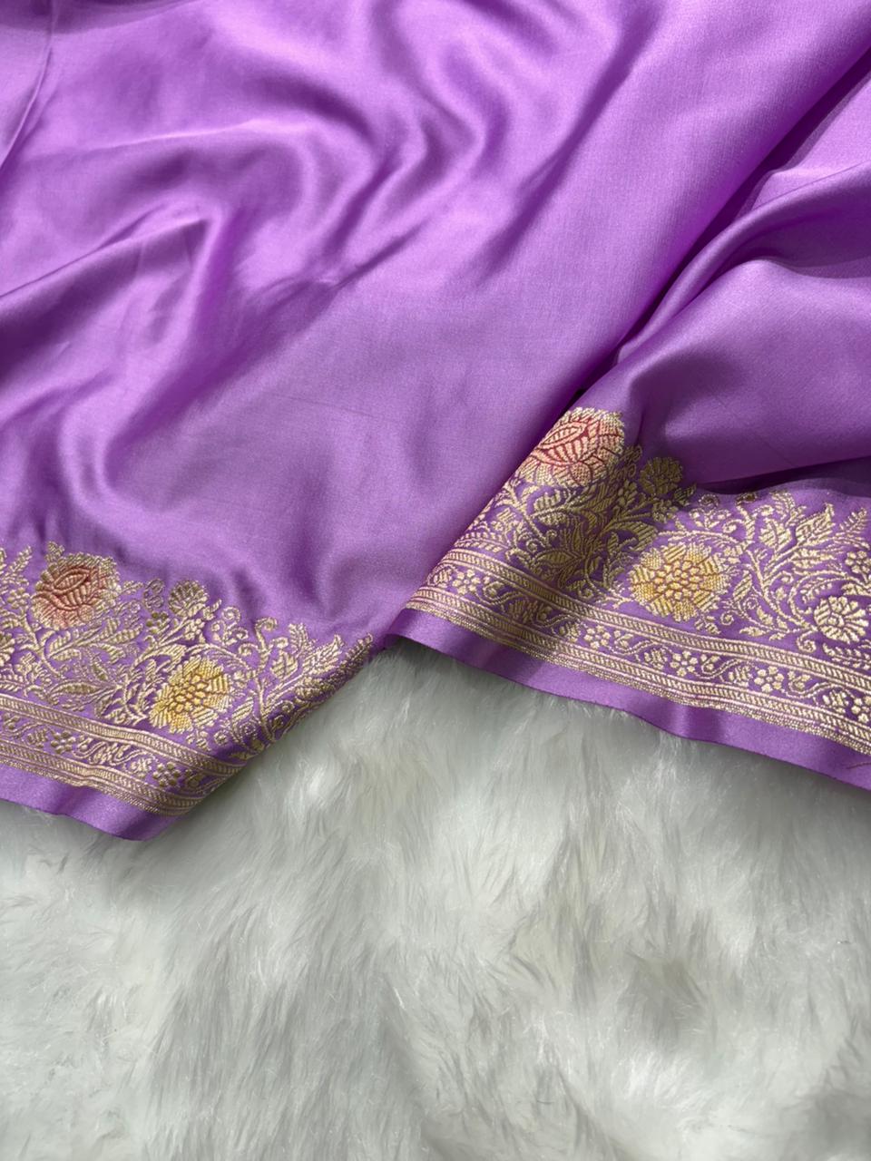Lavender Minakari Shades Plain Mashru Silk Saree