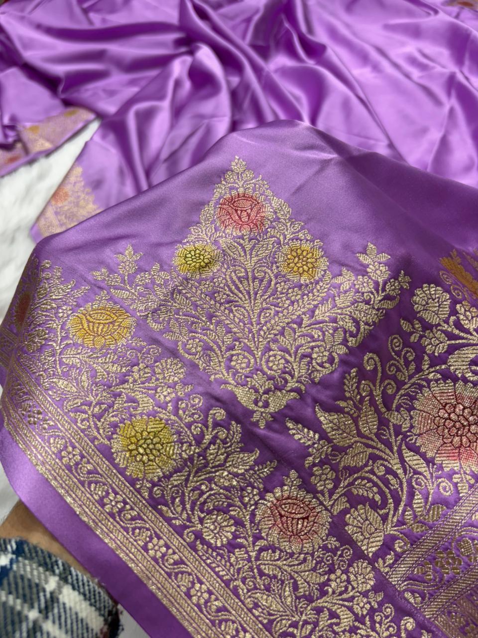 Lavender Minakari Shades Plain Mashru Silk Saree
