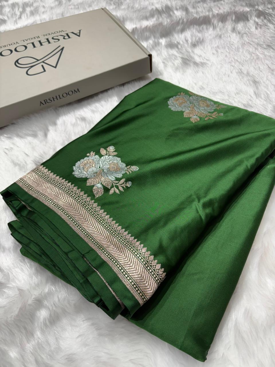 Bottle Green Shades Floral Boota Mashru Silk Saree