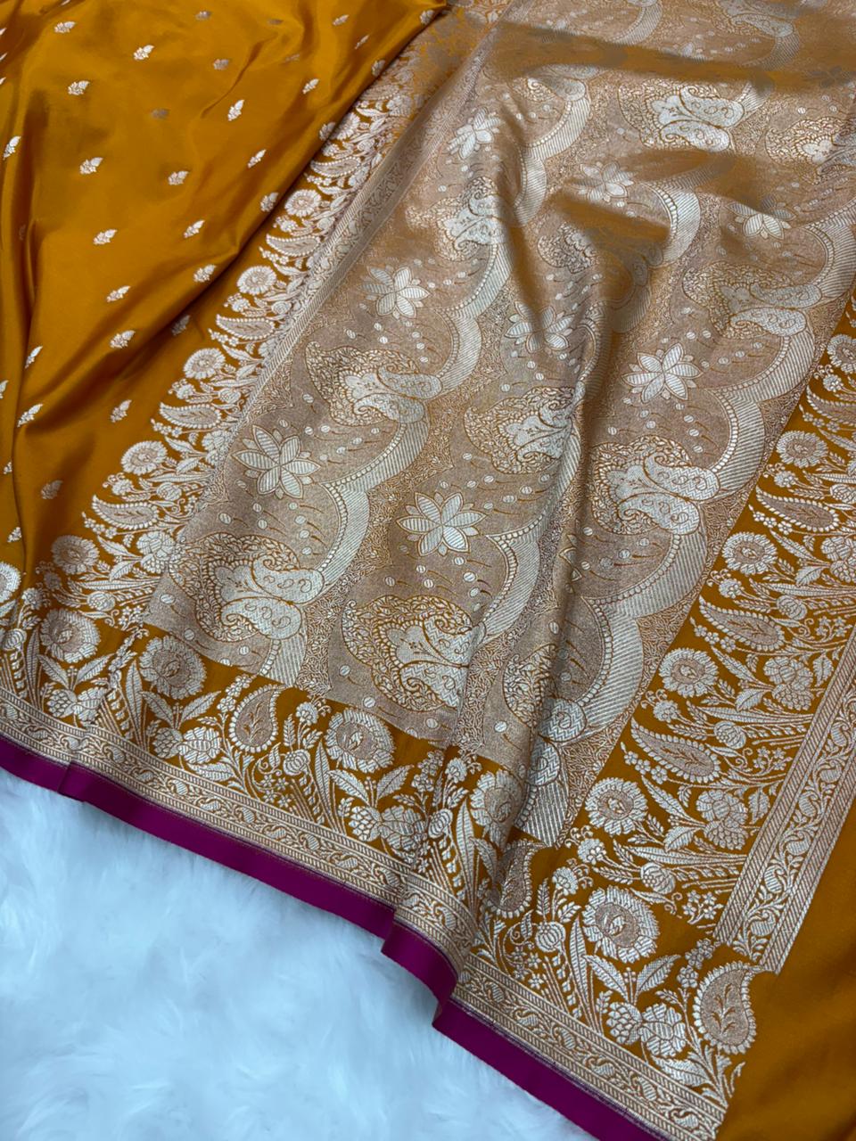 Banarasi Satin Katan Saree in Mustard Gold Shades