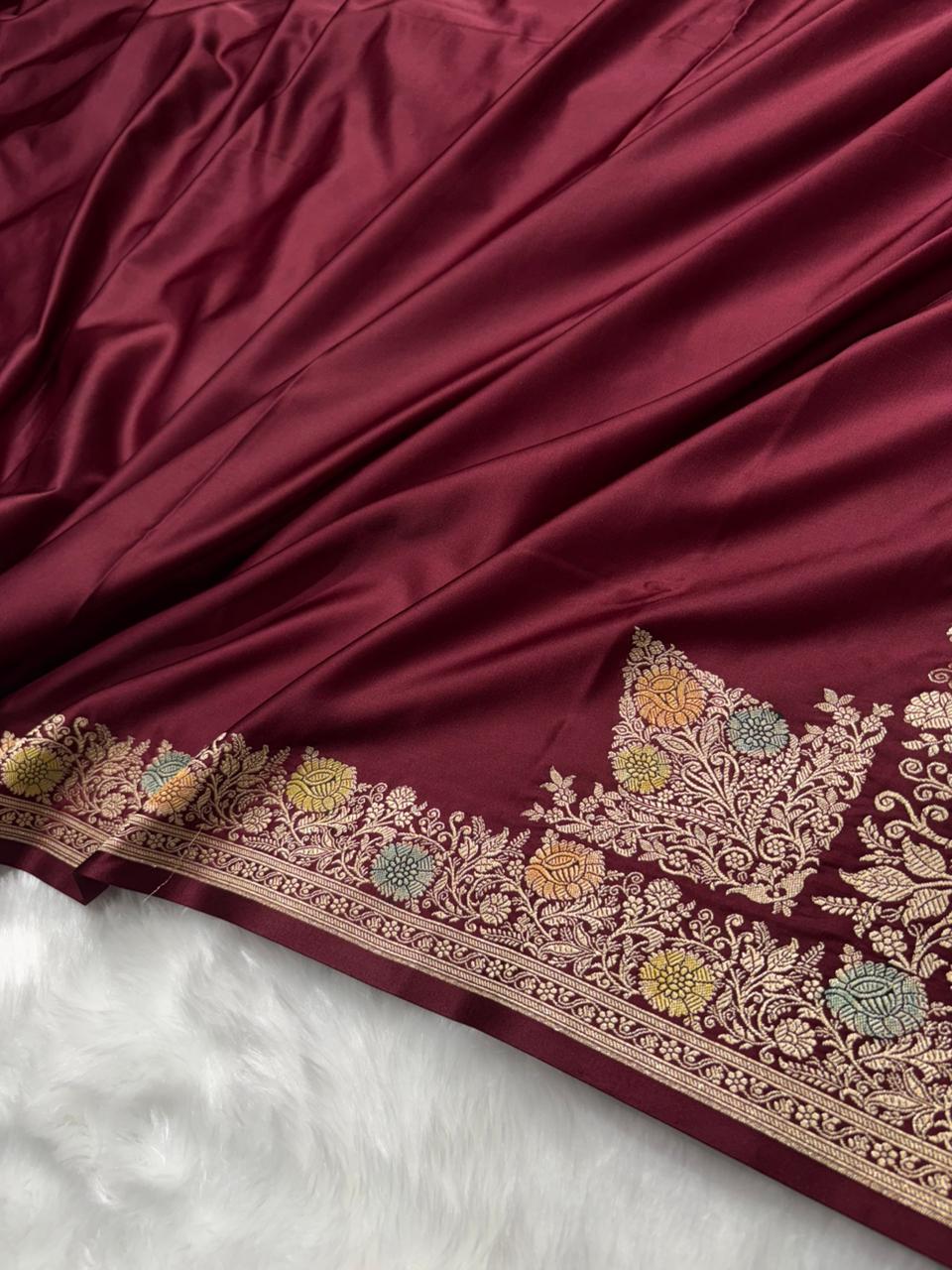 Maroon Minakari Shades Plain Mashru Silk Saree