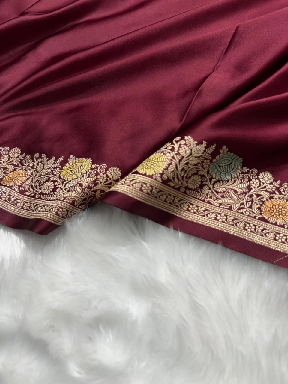 Maroon Minakari Shades Plain Mashru Silk Saree