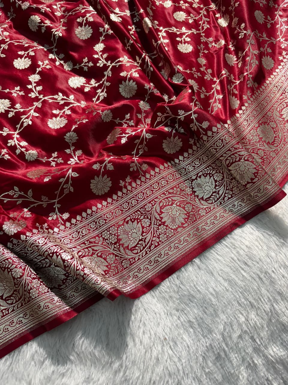 Deep Maroon Floral Jaal Satin Katan Silk Saree