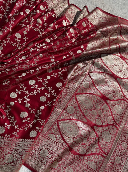 Deep Maroon Floral Jaal Satin Katan Silk Saree