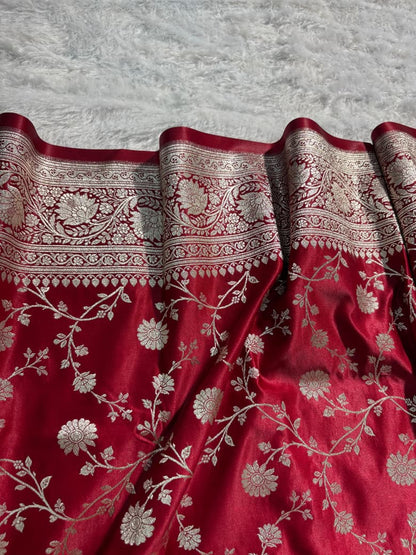 Deep Maroon Floral Jaal Satin Katan Silk Saree