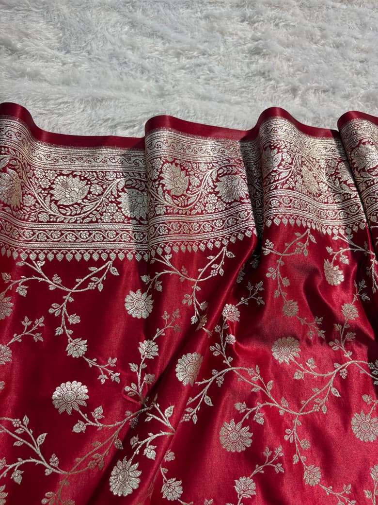 Deep Maroon Floral Jaal Satin Katan Silk Saree
