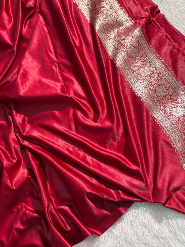 Bridal Red Floral Jaal Satin Katan Silk Saree