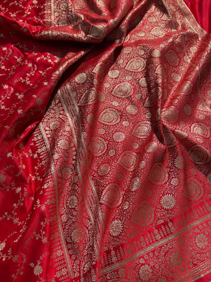 Bridal Red Floral Jaal Satin Katan Silk Saree