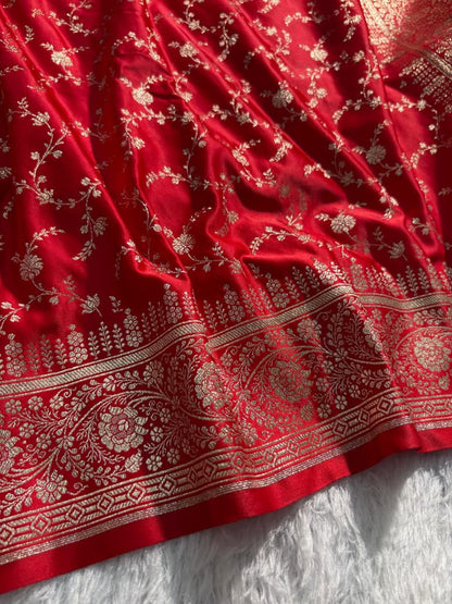 Bridal Red Floral Jaal Satin Katan Silk Saree