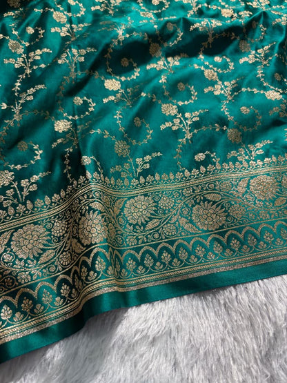 Bottle Green Floral Jaal Pattern Satin Katan Silk