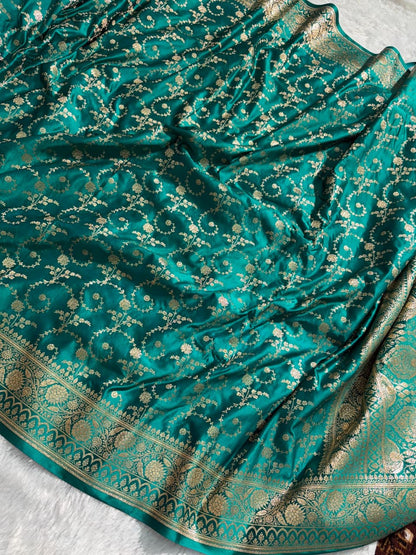 Bottle Green Floral Jaal Pattern Satin Katan Silk