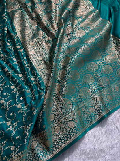 Bottle Green Floral Jaal Pattern Satin Katan Silk