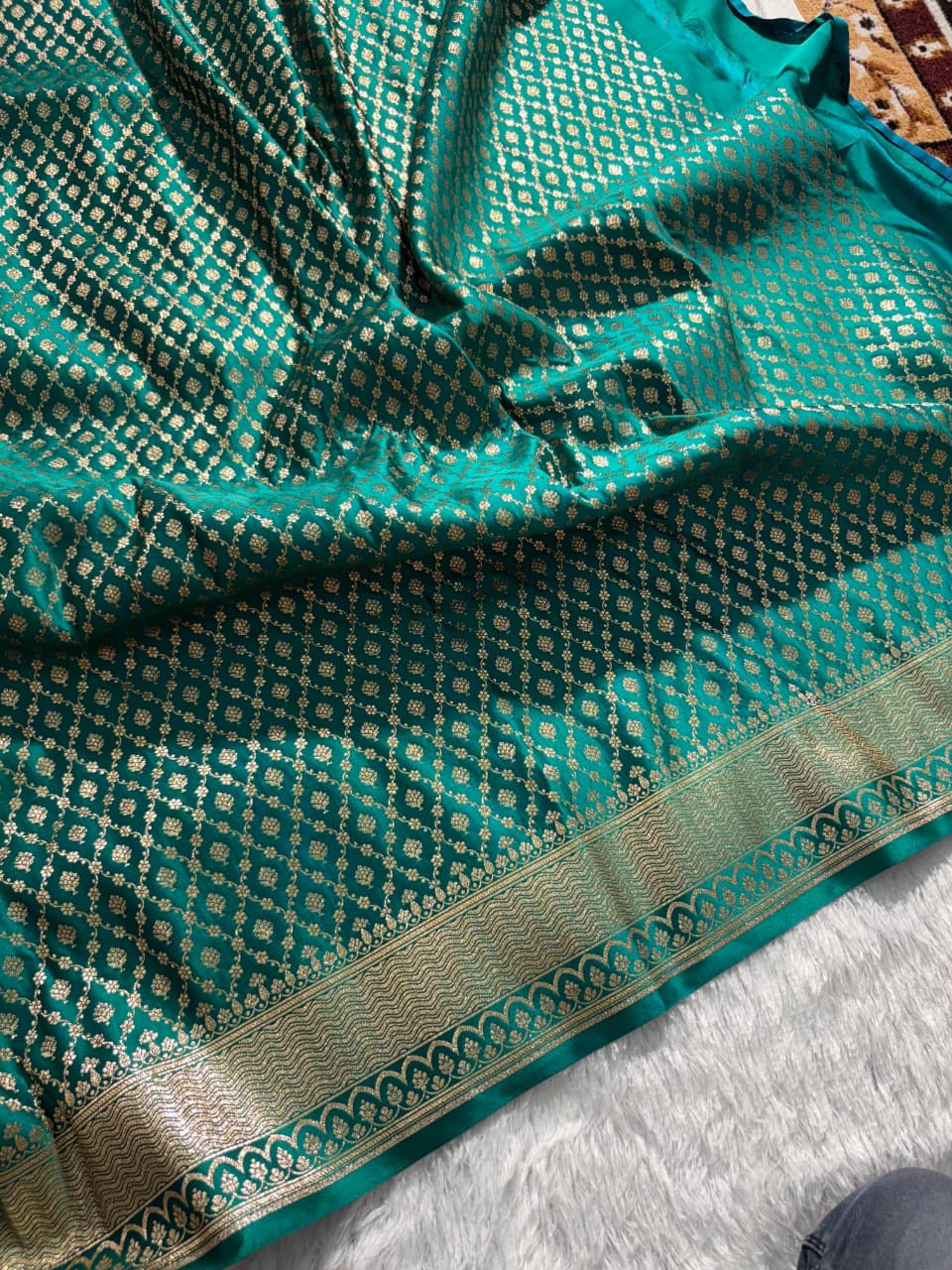 Bottle Green Floral Jaal Pattern Satin Katan Silk