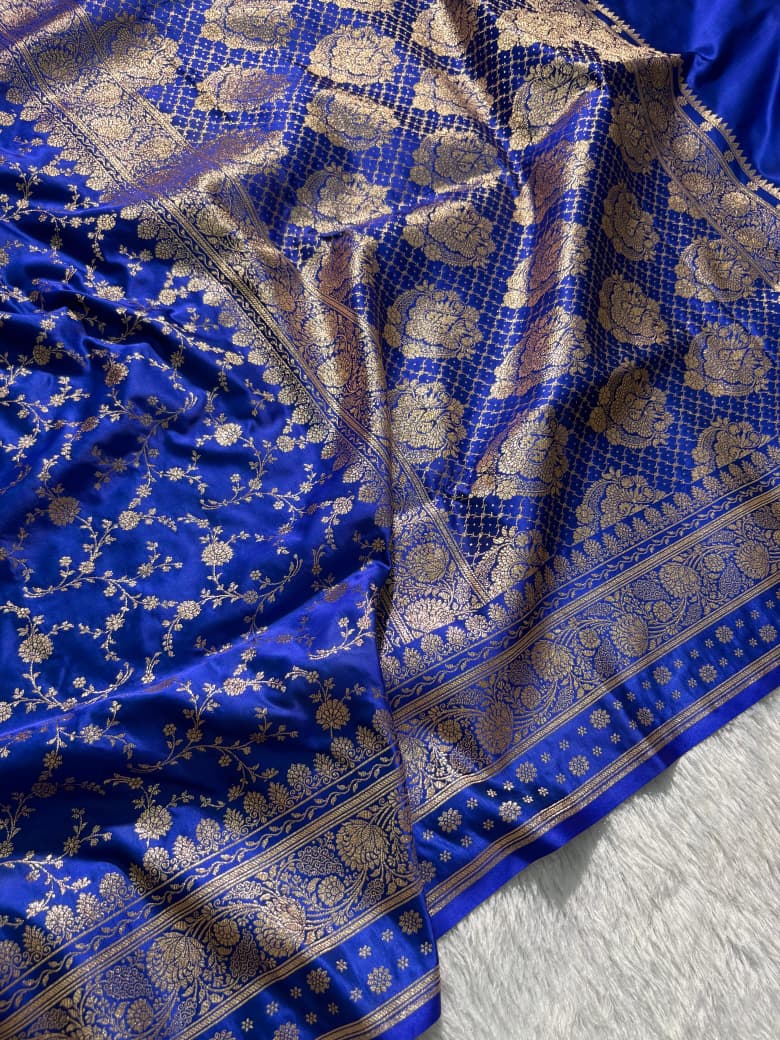 Royal Blue Floral Jaal Pattern Satin Katan Silk Saree