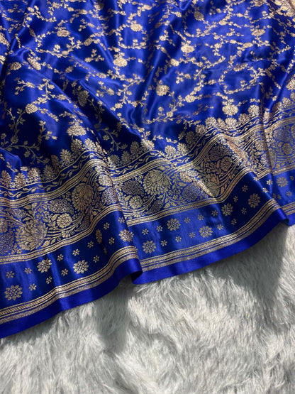 Royal Blue Floral Jaal Pattern Satin Katan Silk Saree