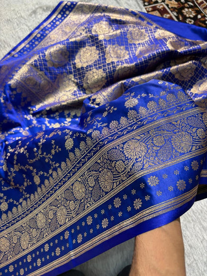 Royal Blue Floral Jaal Pattern Satin Katan Silk Saree