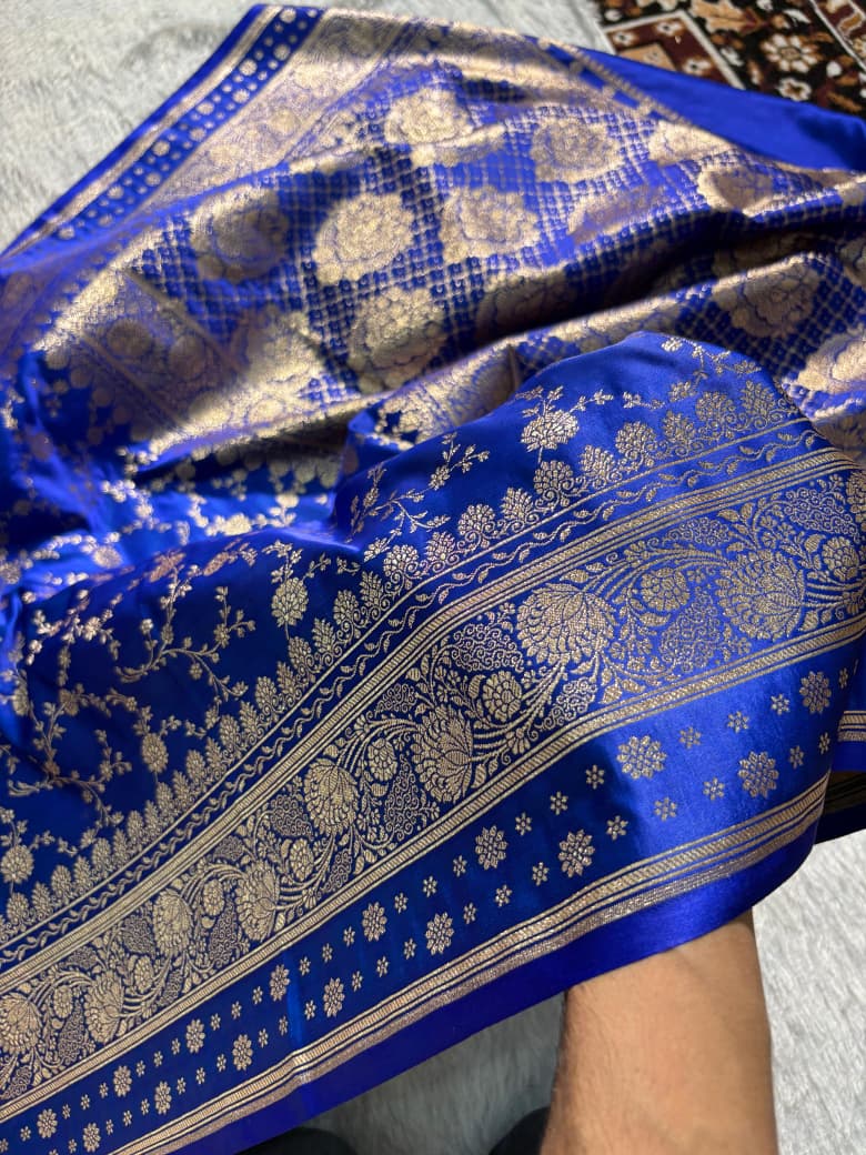 Royal Blue Floral Jaal Pattern Satin Katan Silk Saree