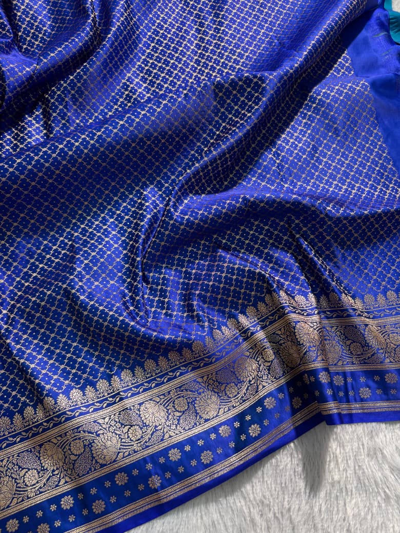 Royal Blue Floral Jaal Pattern Satin Katan Silk Saree