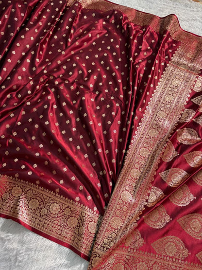 Deep Maroon Booti Pattern Satin Katan Silk Saree