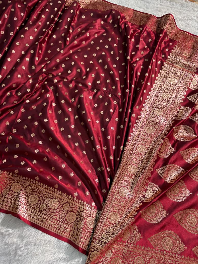 Deep Maroon Booti Pattern Satin Katan Silk Saree