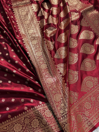 Deep Maroon Booti Pattern Satin Katan Silk Saree